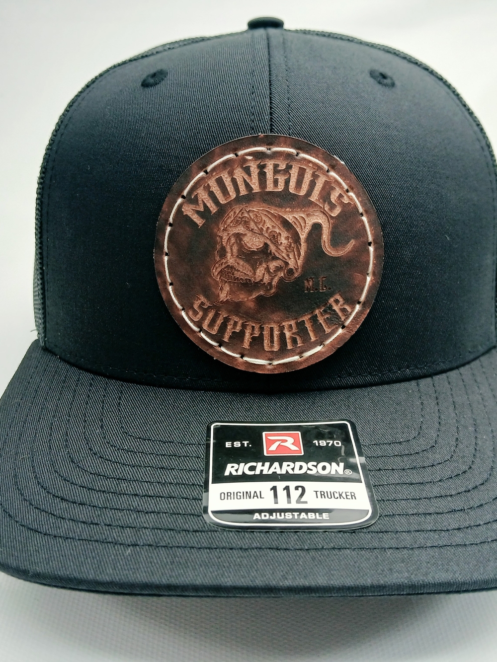 Richardson Black Trucker Hat with Brown Leather Patch - 'Mongols Supporter'